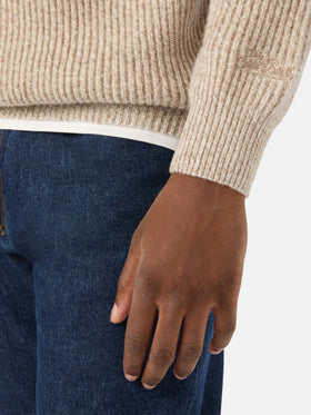 Beige Buck wool half zip knit with mouliné rib