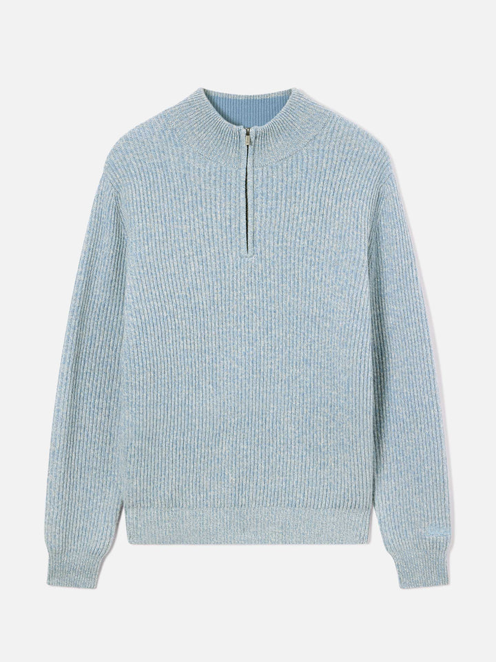 Pull en laine Buck blue légère à demi-zip avec côtes moulinées 