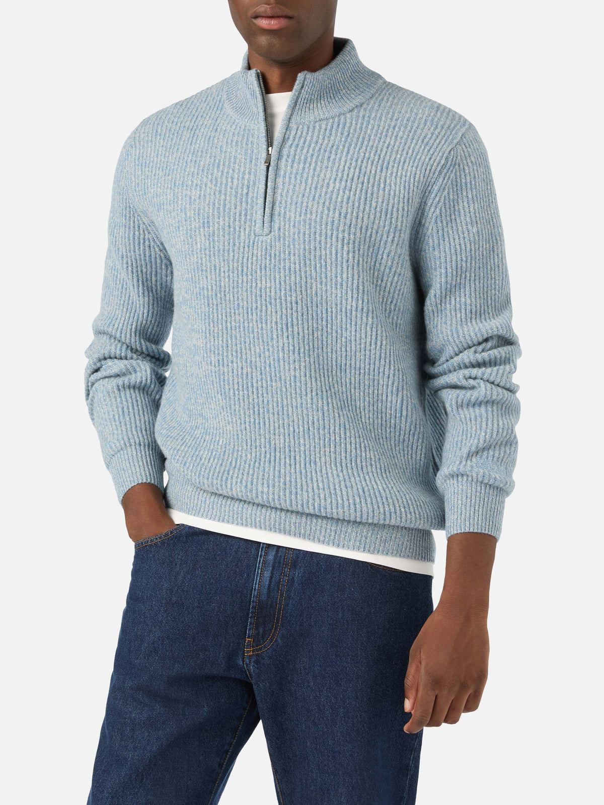 Pull en laine Buck blue légère à demi-zip avec côtes moulinées 
