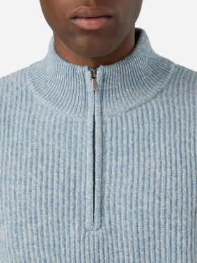 Pull en laine Buck blue légère à demi-zip avec côtes moulinées 