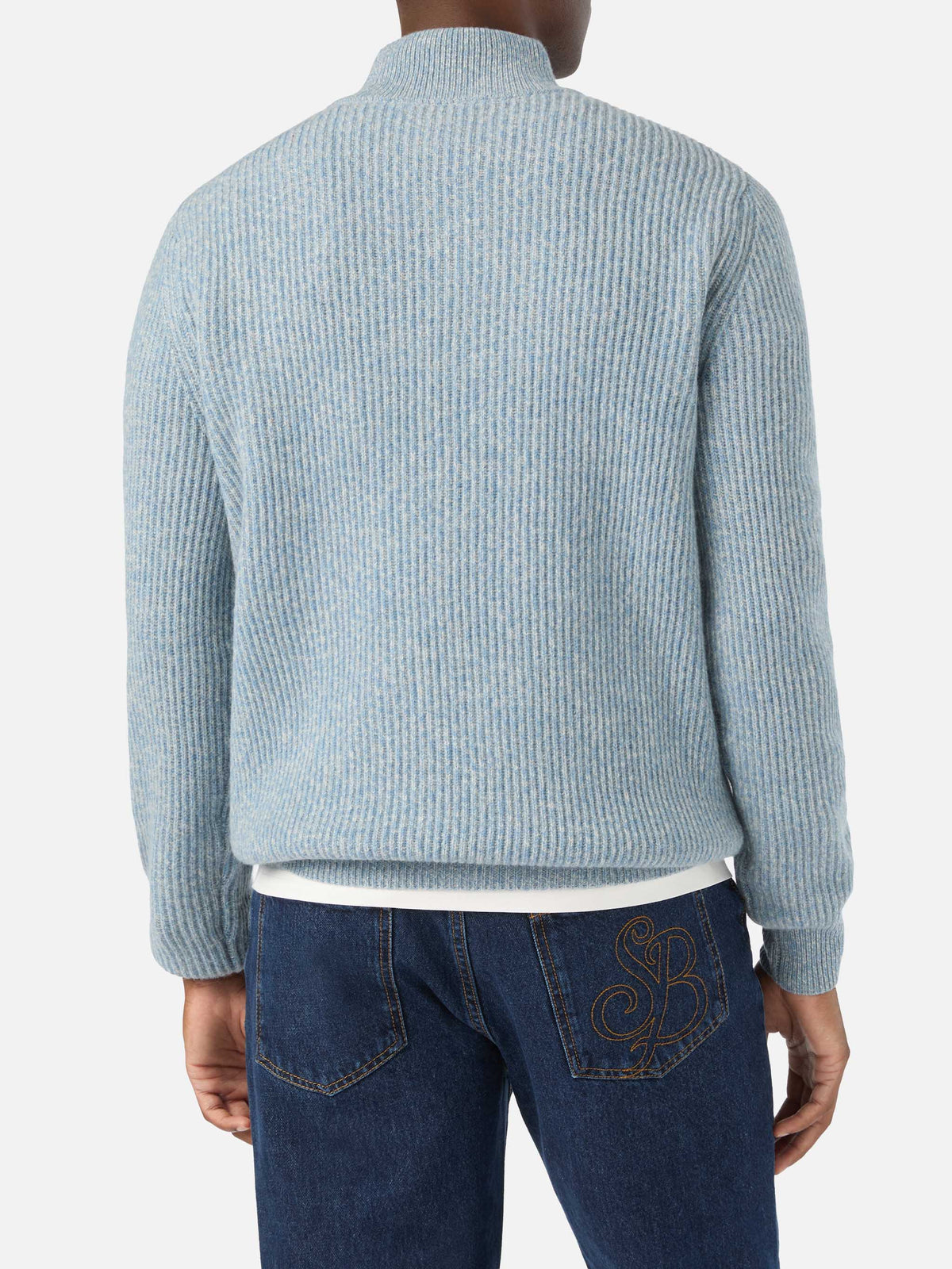 Pull en laine Buck blue légère à demi-zip avec côtes moulinées 