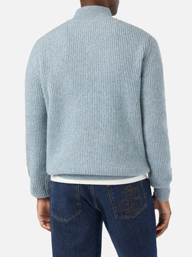 Pull en laine Buck blue légère à demi-zip avec côtes moulinées 