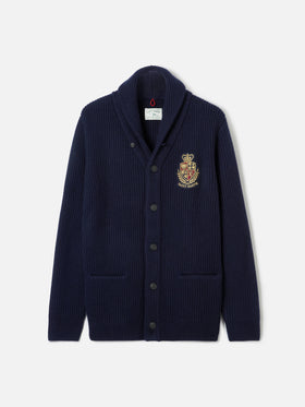 Man shawl collar blue ribbed cardigan with pockets and patch