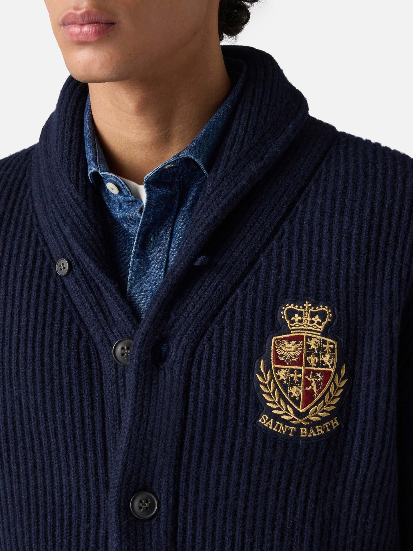 Man shawl collar blue ribbed cardigan with pockets and patch