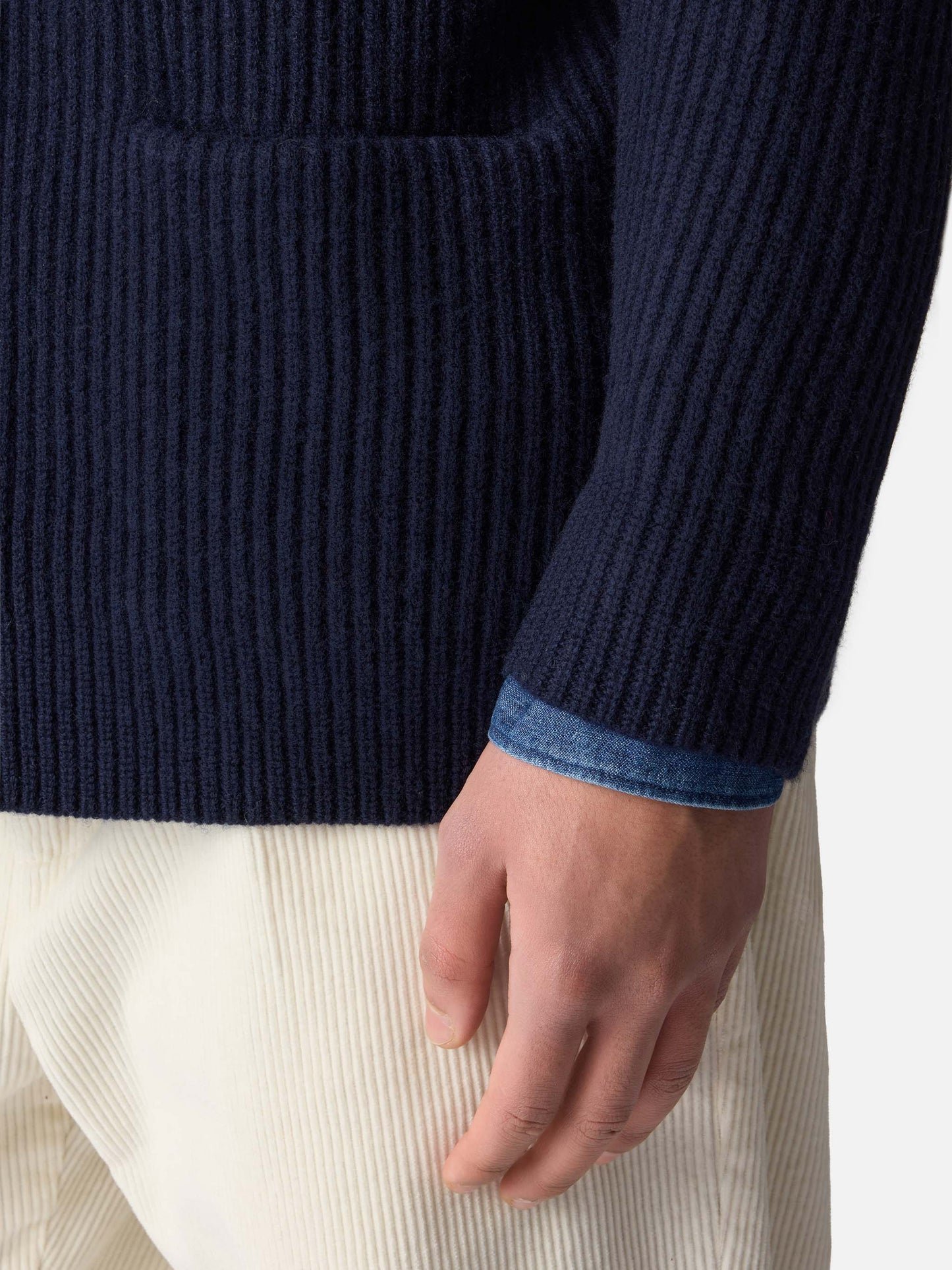 Man shawl collar blue ribbed cardigan with pockets and patch