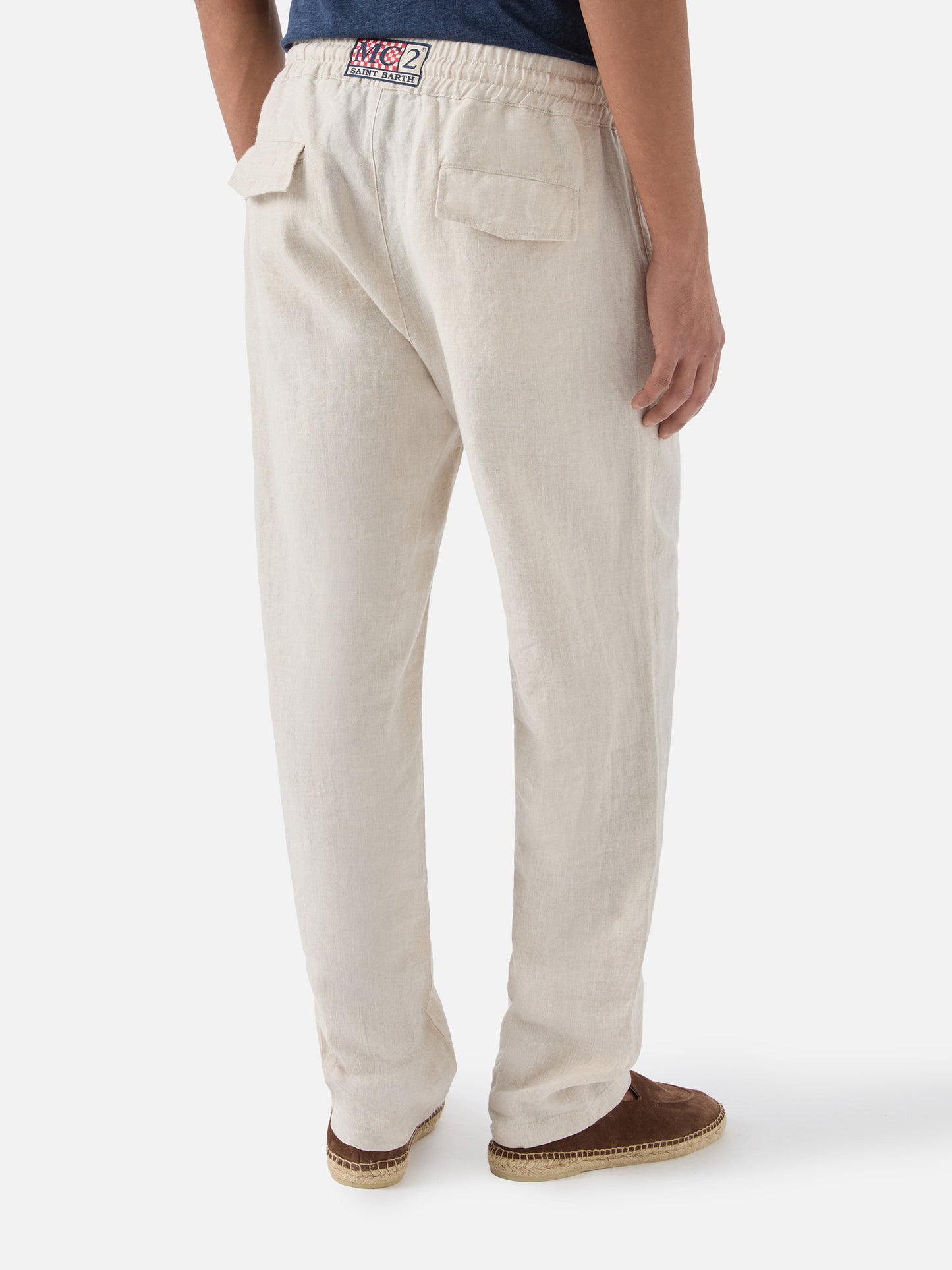 Man off-white linen Calais pants with drawstring