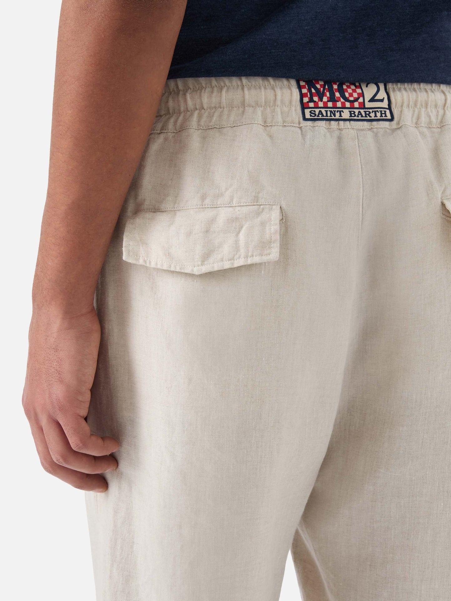 Man off-white linen Calais pants with drawstring