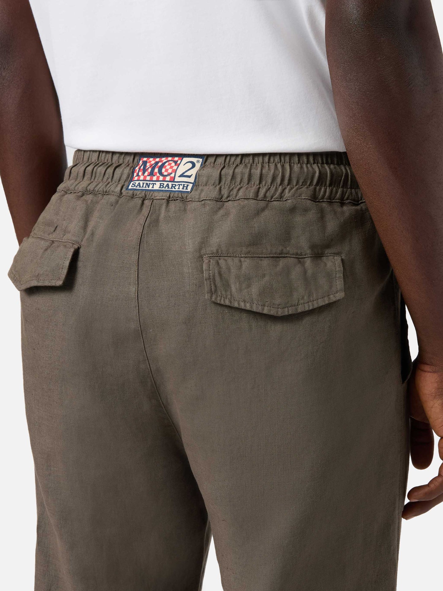 khaki Calais long pants in pure linen