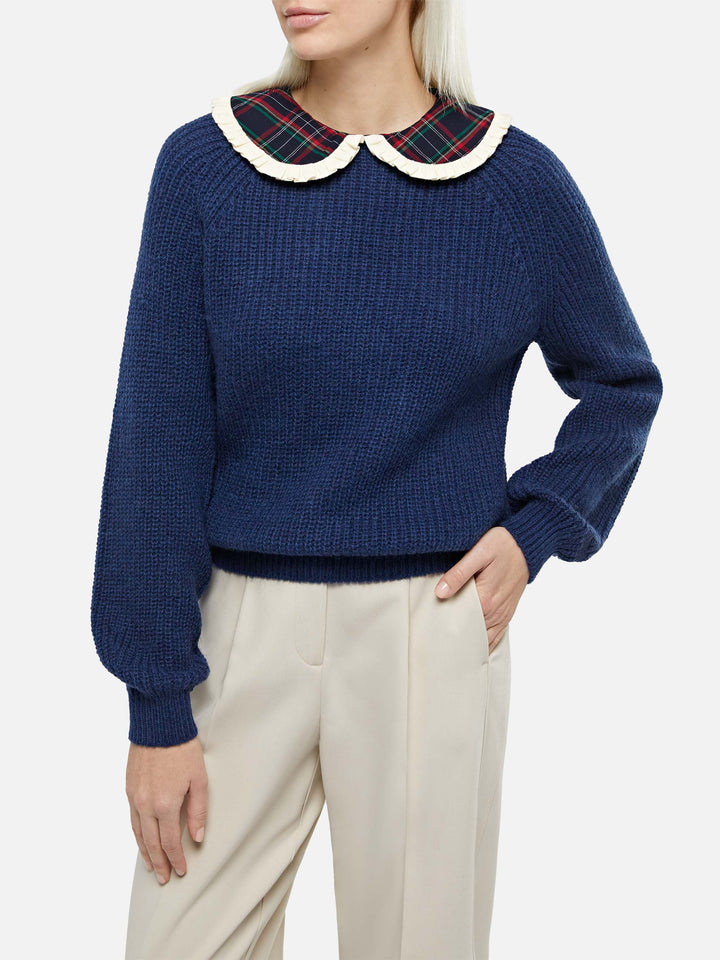 Jersey de canalé azul marino para mujer Calia con cuello tartán y lazo 