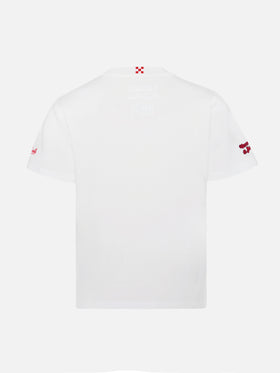 Cameron Warm winter cotton T-shirt in white with E nun m’angoscià embroidery | VACANZE DI NATALE SPECIAL EDITION