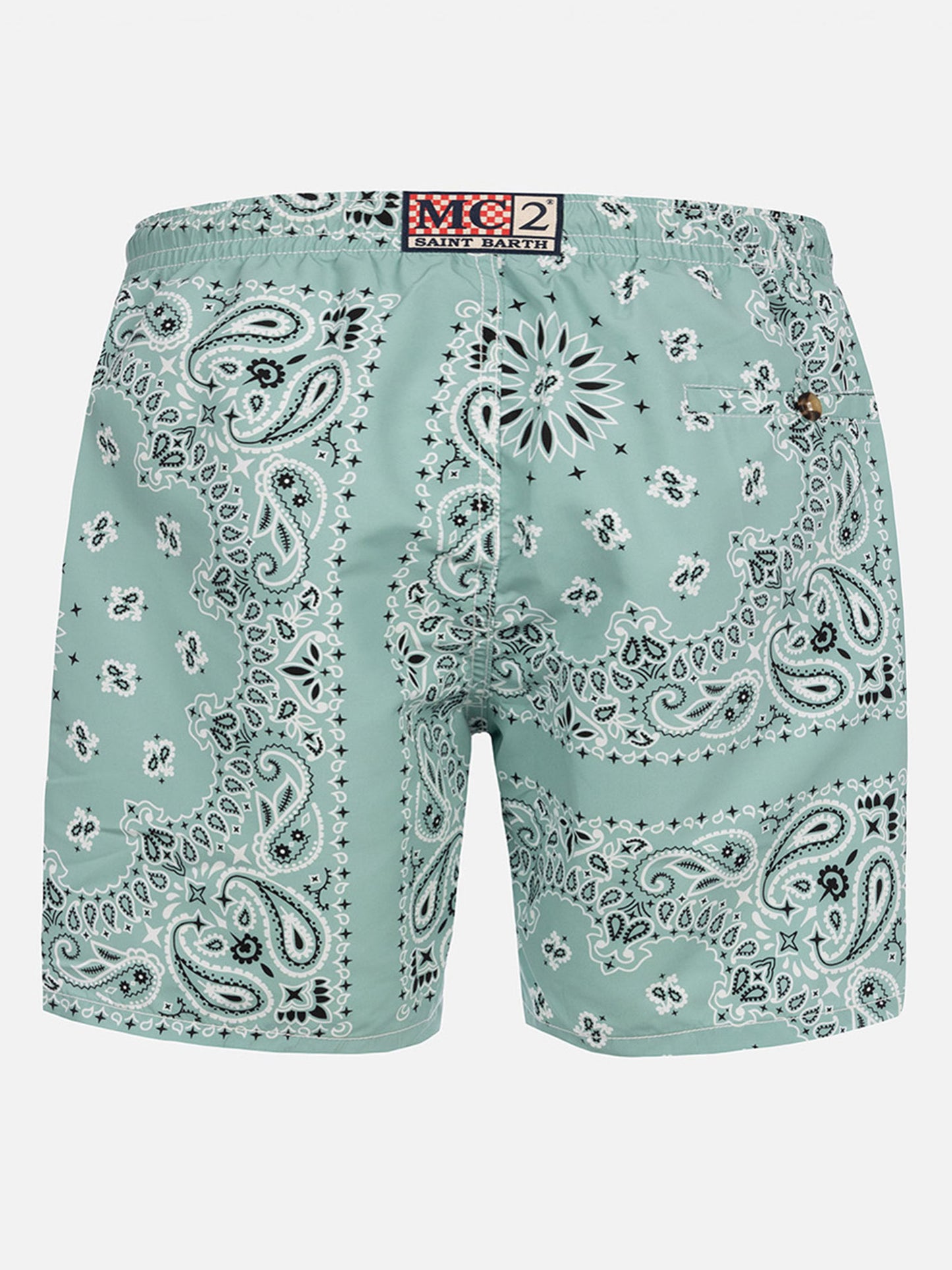Mittellange Badeshorts Caprese mit salbeigrünem Bandanna-Print