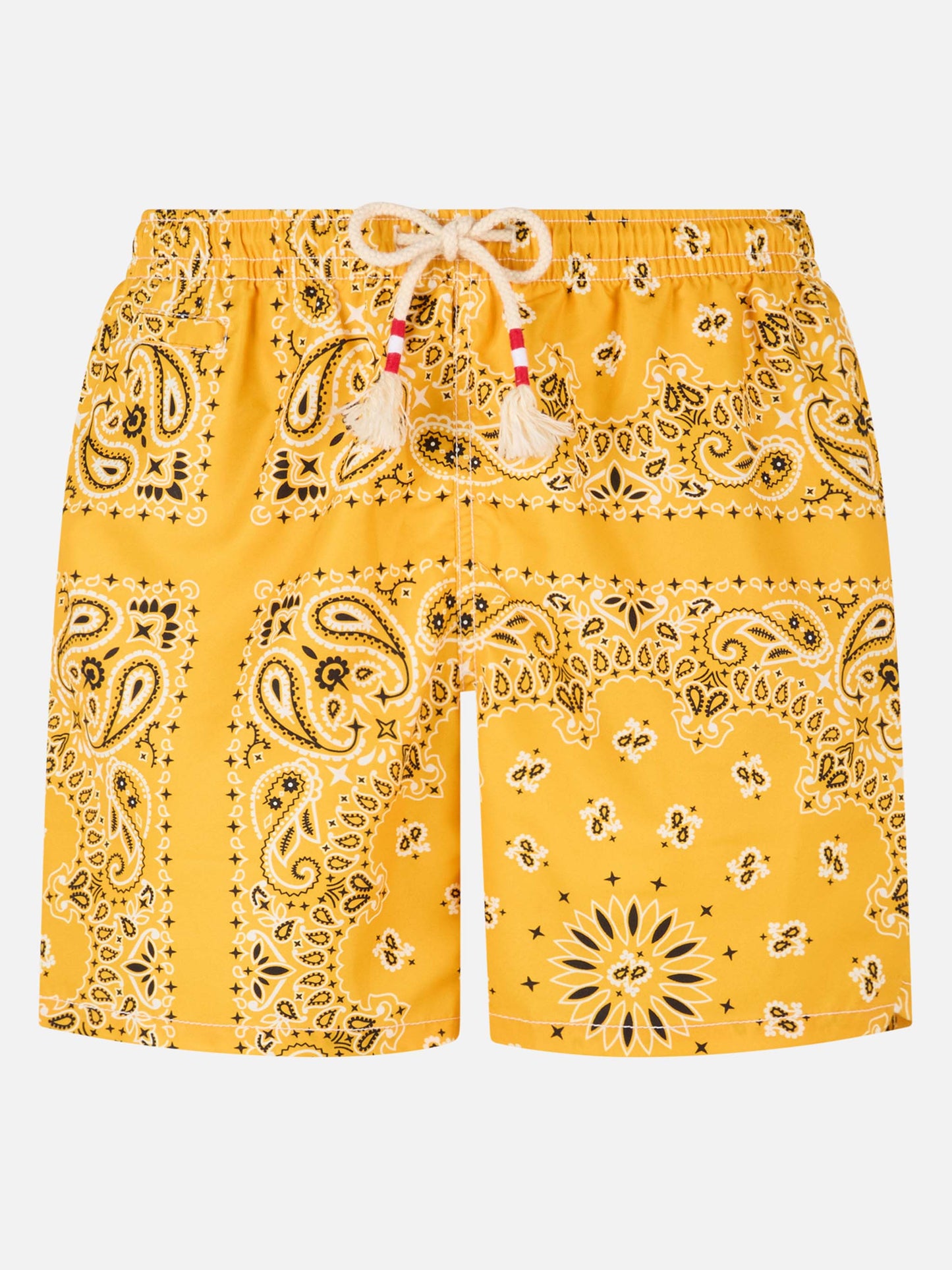 Herren-Badeshorts mit ockerfarbenem Bandana-Print