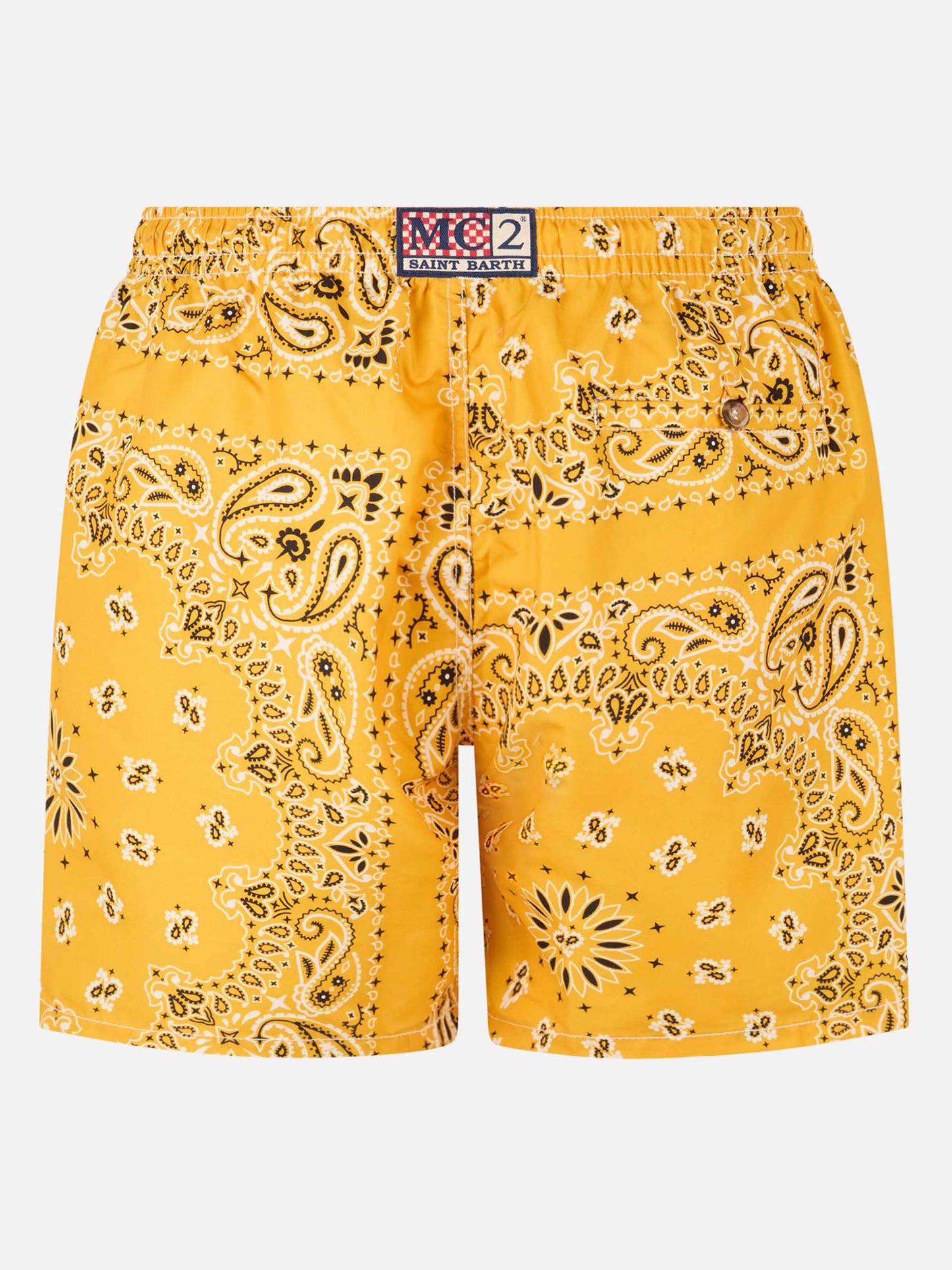 Herren-Badeshorts mit ockerfarbenem Bandana-Print