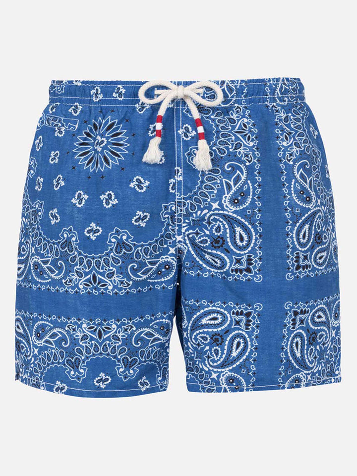 Man swim shorts with denim bandanna print