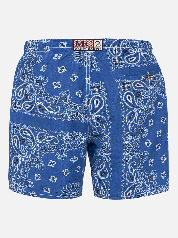 Man swim shorts with denim bandanna print