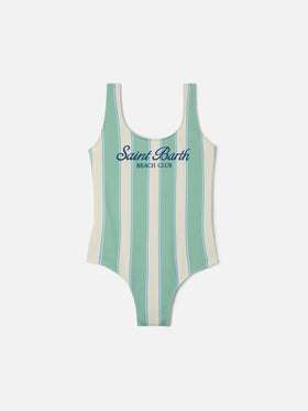 Cara green and white striped one-piece swimsuit with Beach Club print