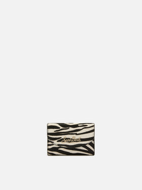 Card Holder in brushed leather and zebra-print calf hair