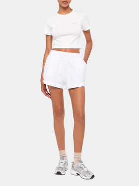 Short de jogging Cate en coton blanc avec ornement de strass rayés 