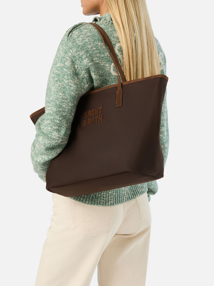 Borsa Large City marrone in tessuto cerato con ricamo logo