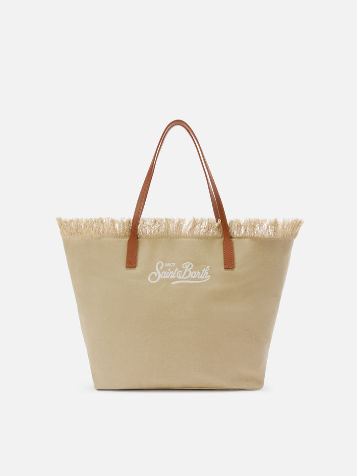 Borsa City regular in canvas beige con frange