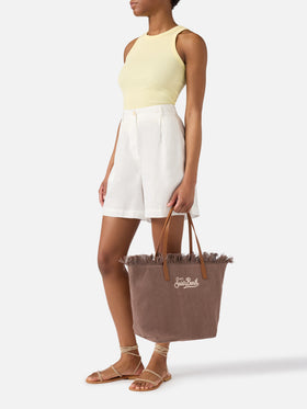 Borsa City regular in canvas marrone con frange