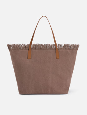 Borsa City regular in canvas marrone con frange