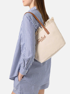 White medium City canvas shopper bag with fringes