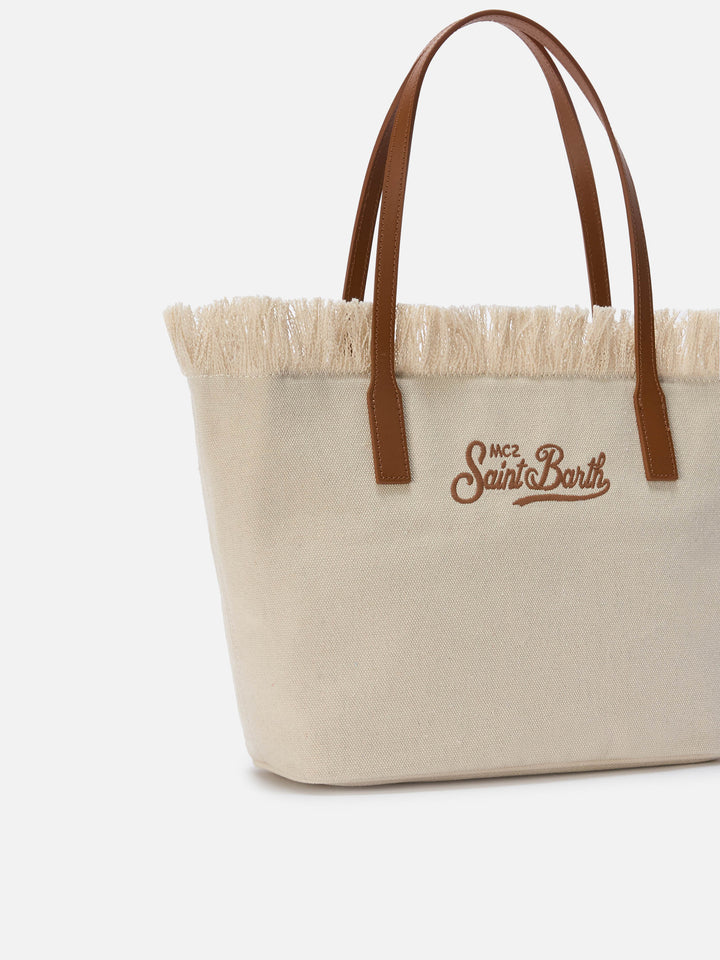 Borsa shopper City medium bianca in canvas con frange