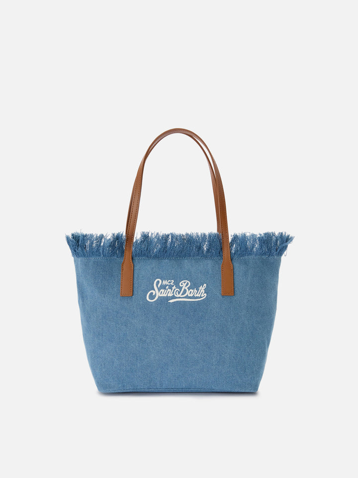 Borsa shopper City medium in tessuto denim con frange