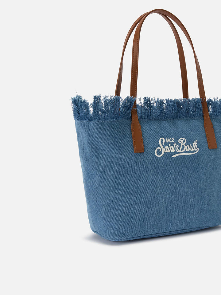 Borsa shopper City medium in tessuto denim con frange