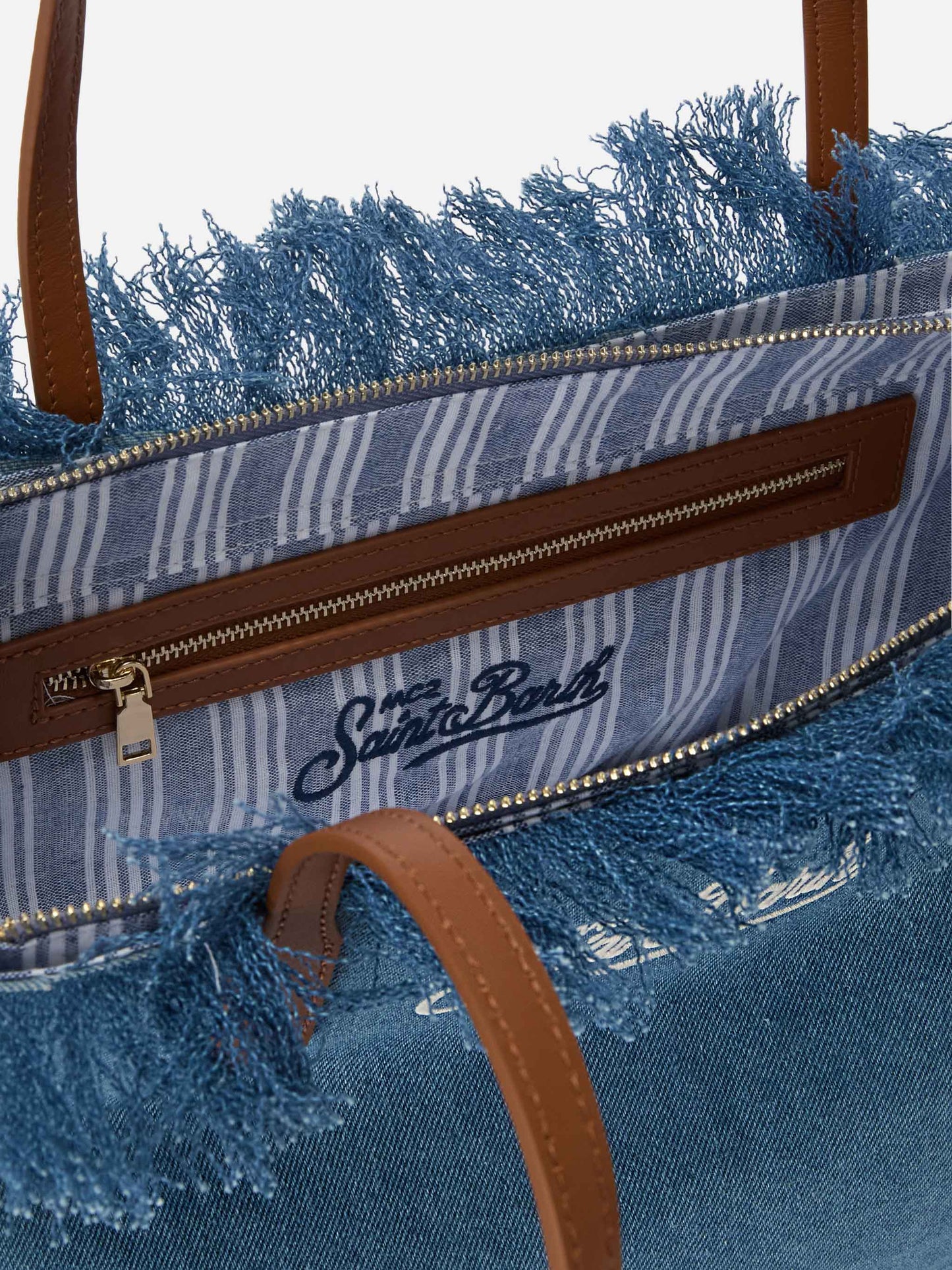 Medium City shopper bag in denim fabric with fringes