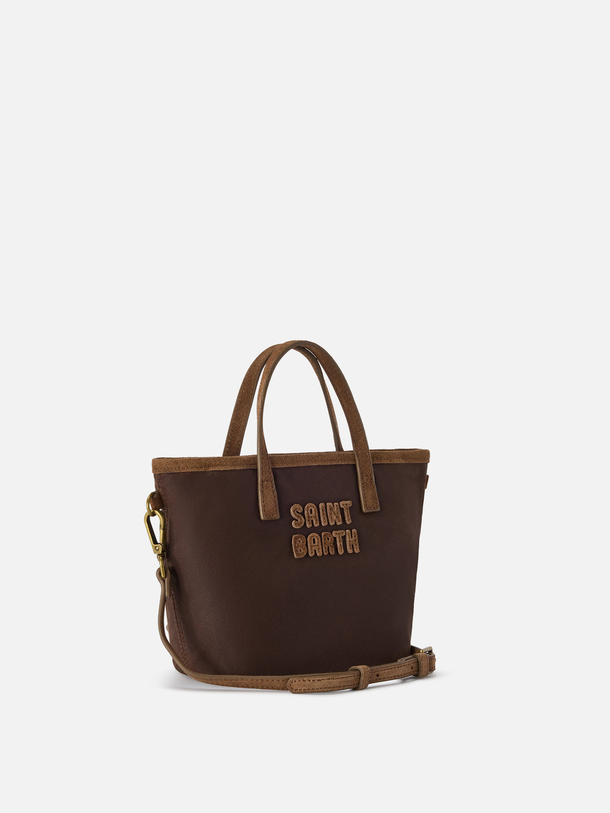 Borsa Mini City marrone in tessuto cerato con ricamo logo