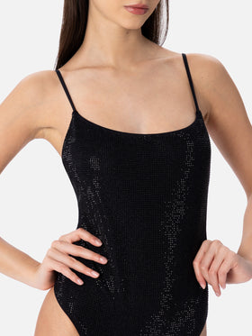 Woman black one-piece swimsuit Cecille with rhinestones - MC2 Saint Barth