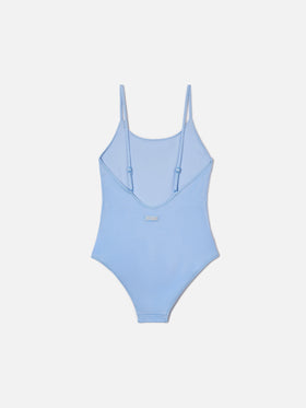 Cecille Jr one-piece swimsuit in glossy finish fabric with rhinestone logo