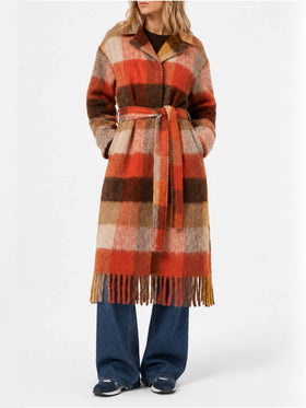 Charlot long coat with fringes and check pattern