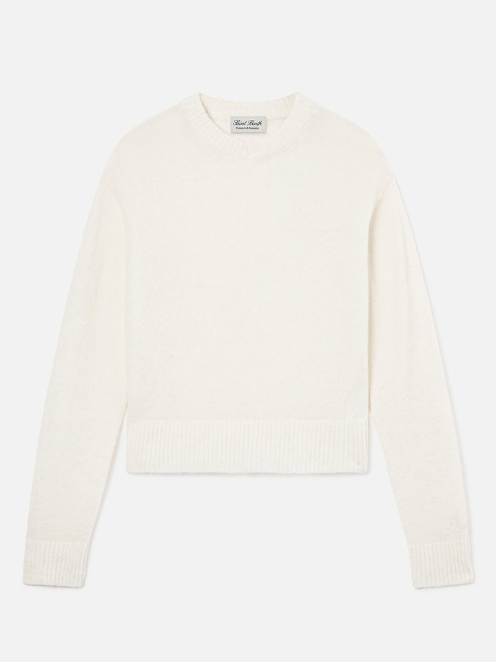 Pull col rond Lucille en maille douce mélangée d’alpaga et de laine coloris off white avec logo brodé 