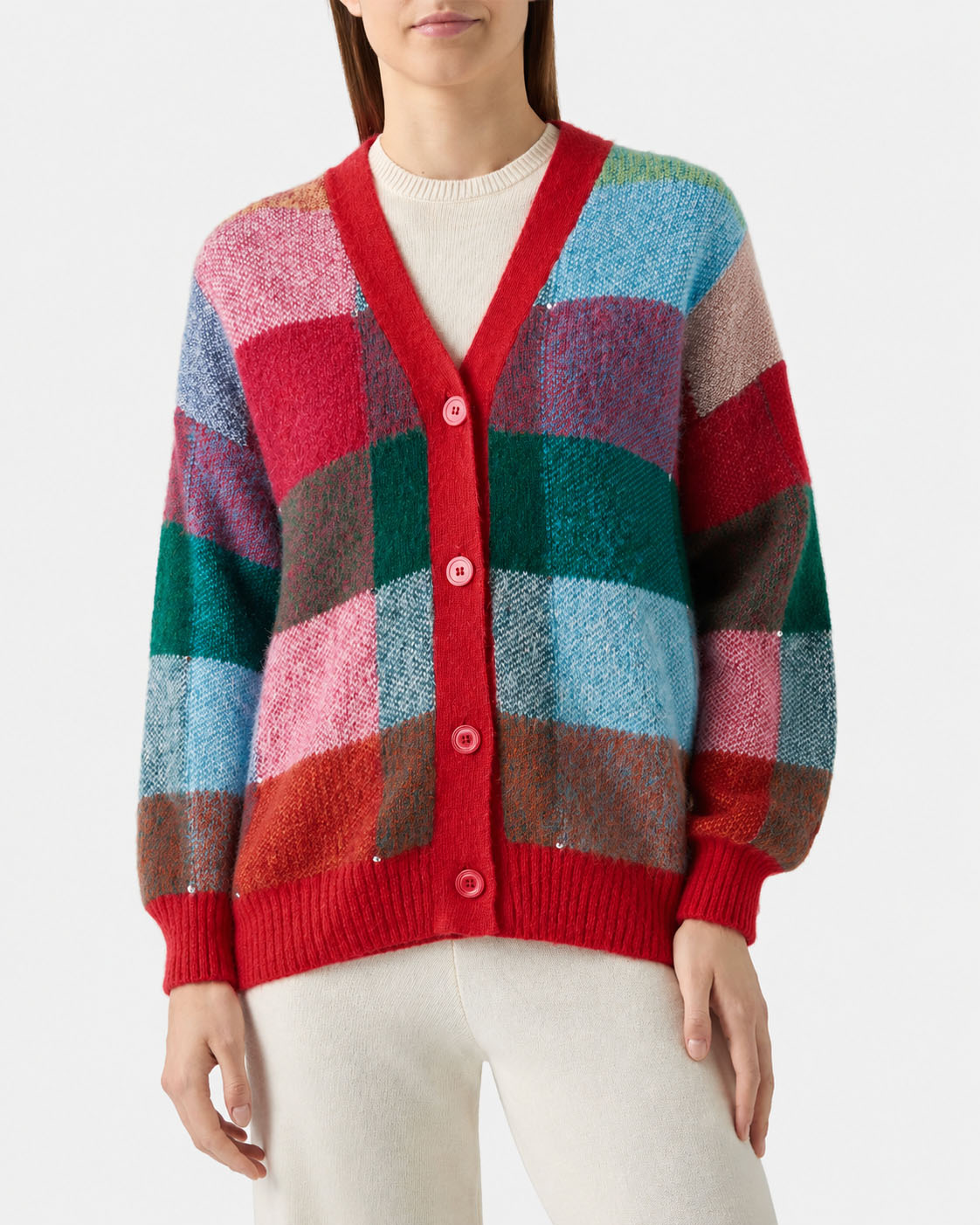 Soft brushed multicolor check cardigan Chloe with rhinestone embellishment