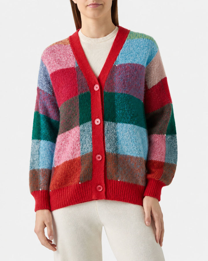 Soft brushed multicolor check cardigan Chloe with rhinestone embellishment
