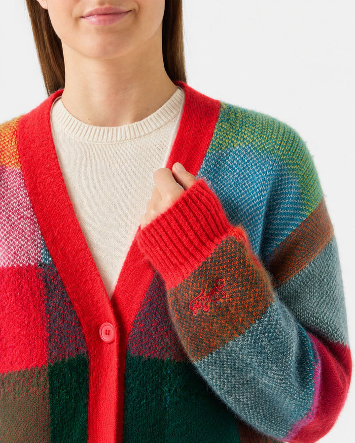Soft brushed multicolor check cardigan Chloe with rhinestone embellishment