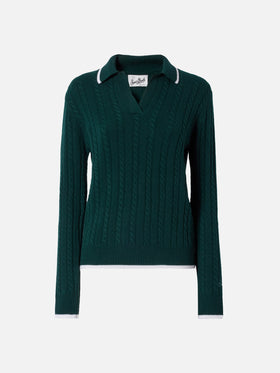 Clichy cable-knit wool polo in British green