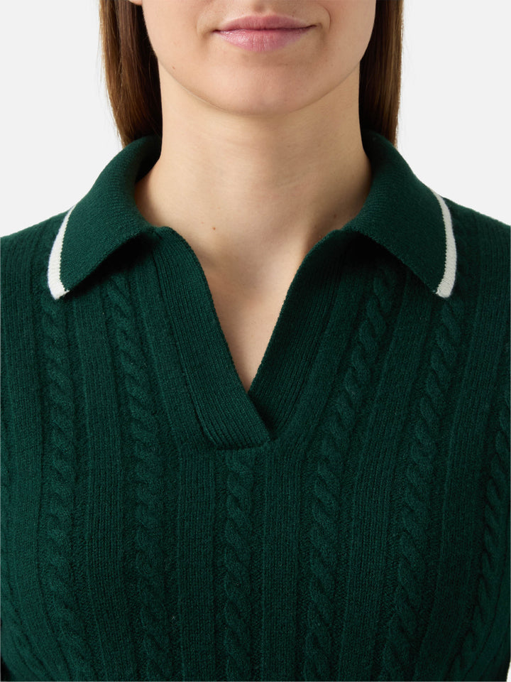 Clichy cable-knit wool polo in British green