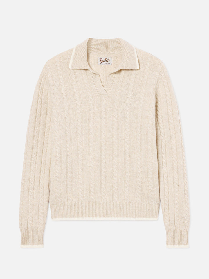 Beiger Strick mit Polokragen aus Clichy Wolle mit Pointelle-Muster 