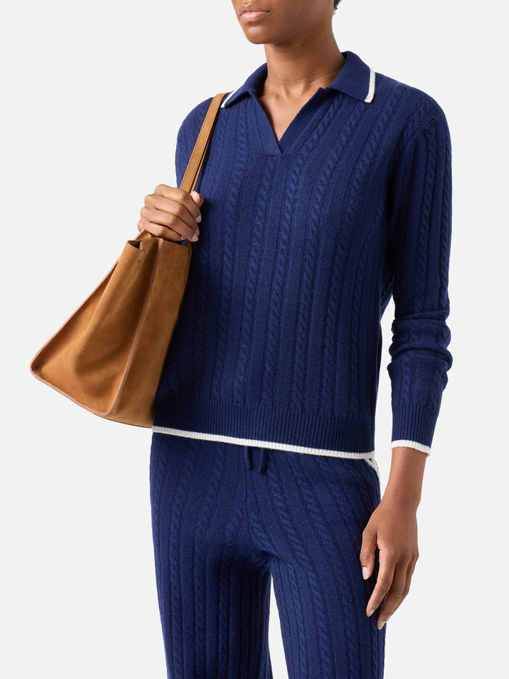 Polo en laine Night blue Clichy avec col polo en maille et pointelle 