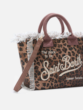 Leopard print canvas Vanity regular bag with fringes