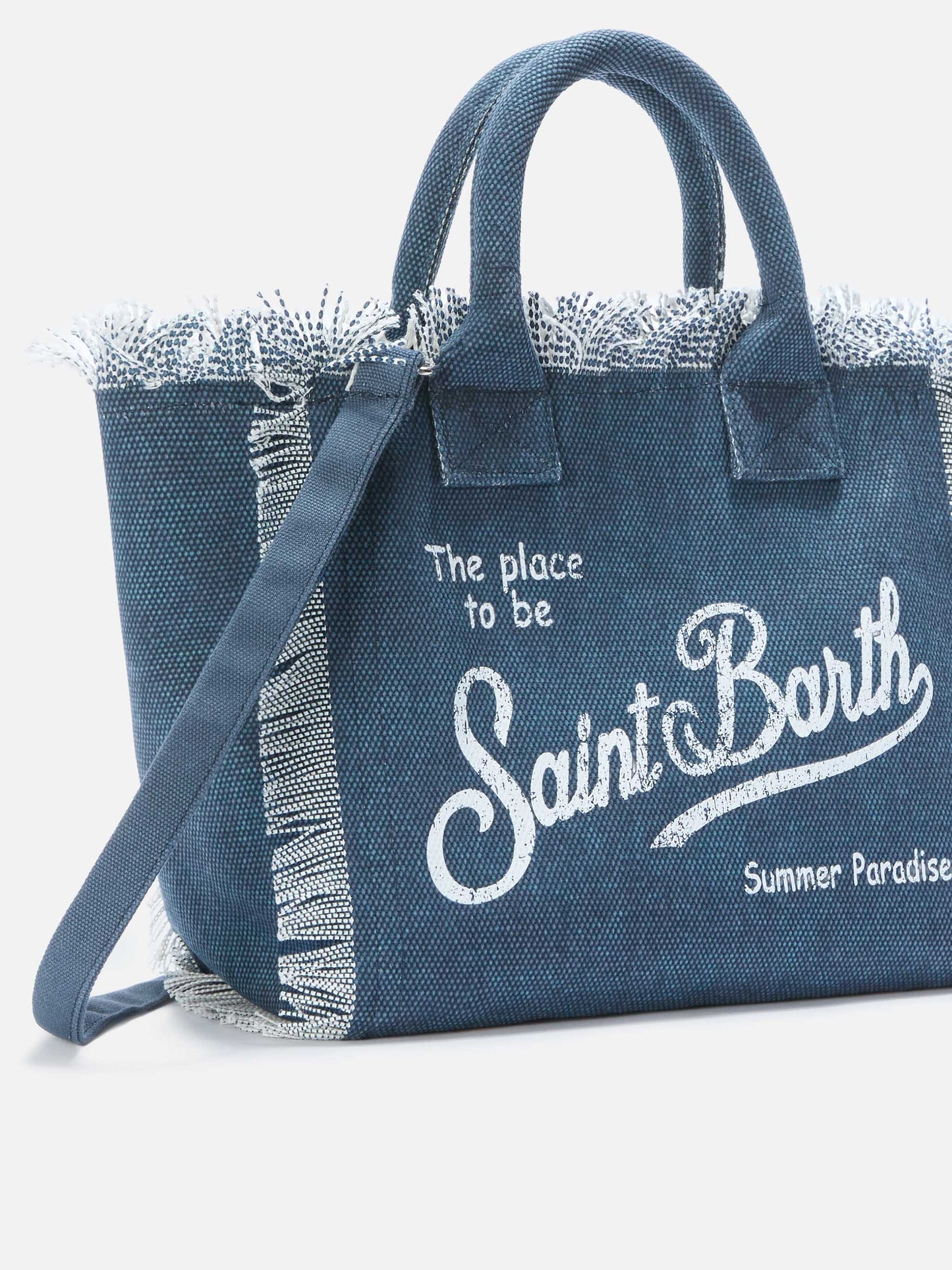 Indigo blue canvas Colette bag with fringes