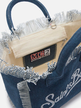 Borsa Colette in canvas blu indaco con logo in strass