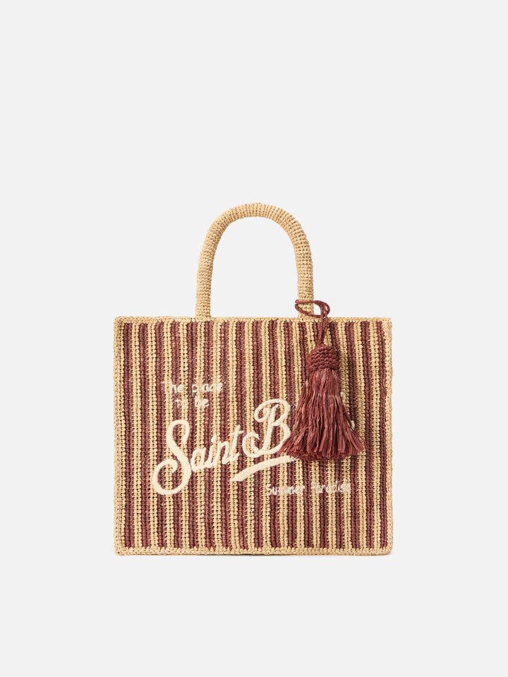 Borsa Colette in raffia a righe con logo ricamato e nappetta