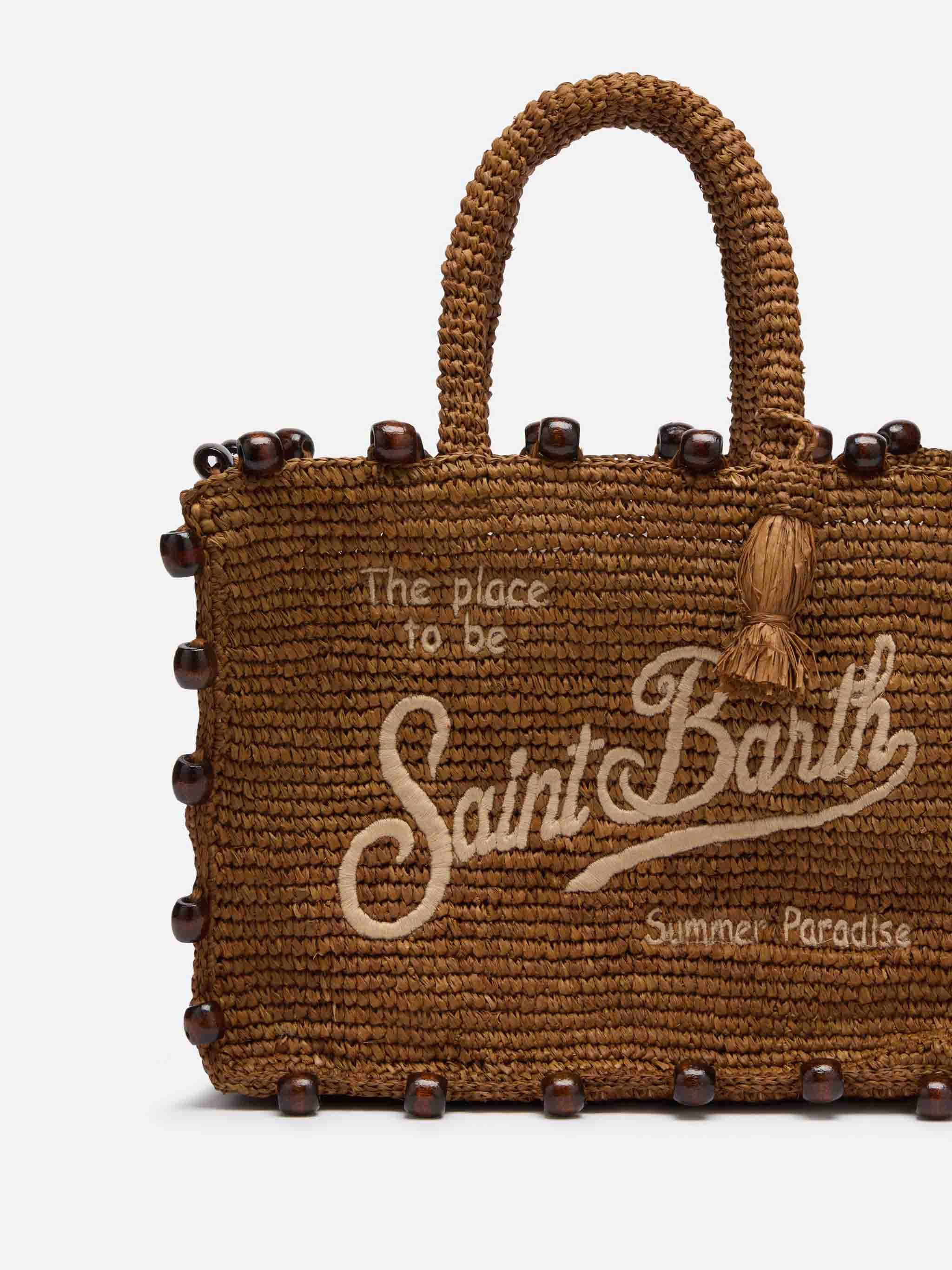 Colette Raffia brown handbag with beads and logo embroidery – MC2