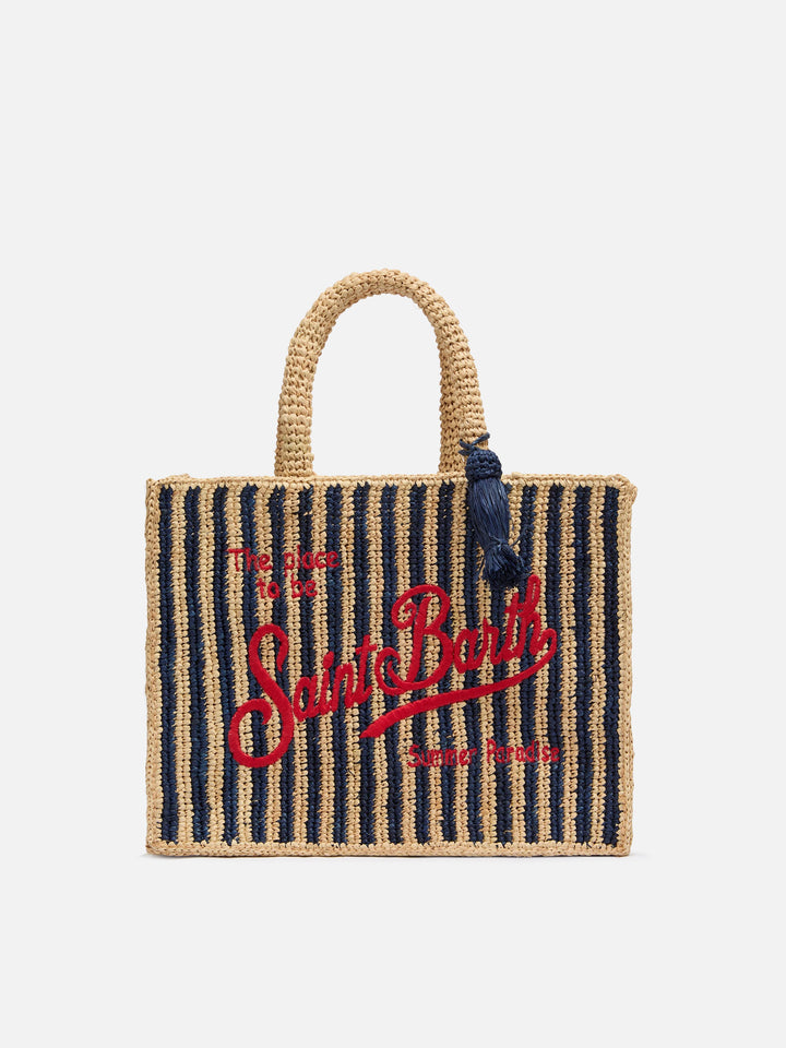 Marineblaue gestreifte Handtasche Colette Raffia mit Logo-Stickerei