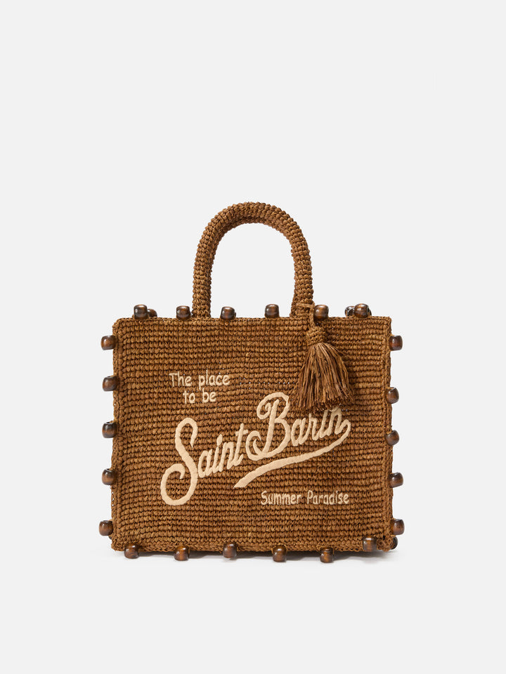 Borsa Colette in raffia con logo ricamato e perline applicate